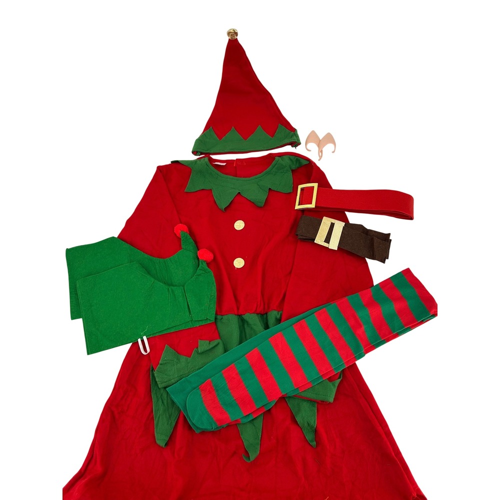 Adult Christmas Elf Costume Set Red Green Tunic Hat Stockings Ears 6-Piece